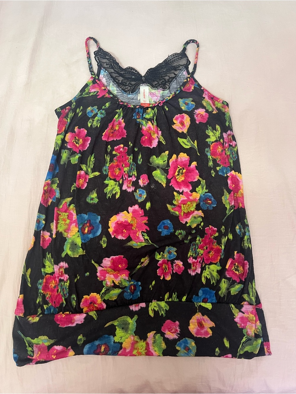 No Boundaries Black Floral Butterfly Lace-Trim Camisole with Pink & Blue Flowers